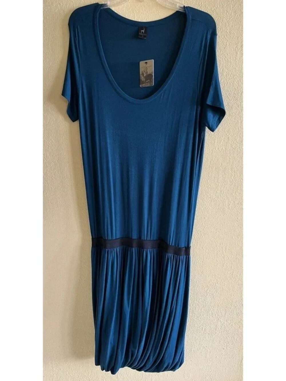 NWT Peruvian Connection Teal Twist Tee Dress L Drop Waist Bubble Hem Boho Travel